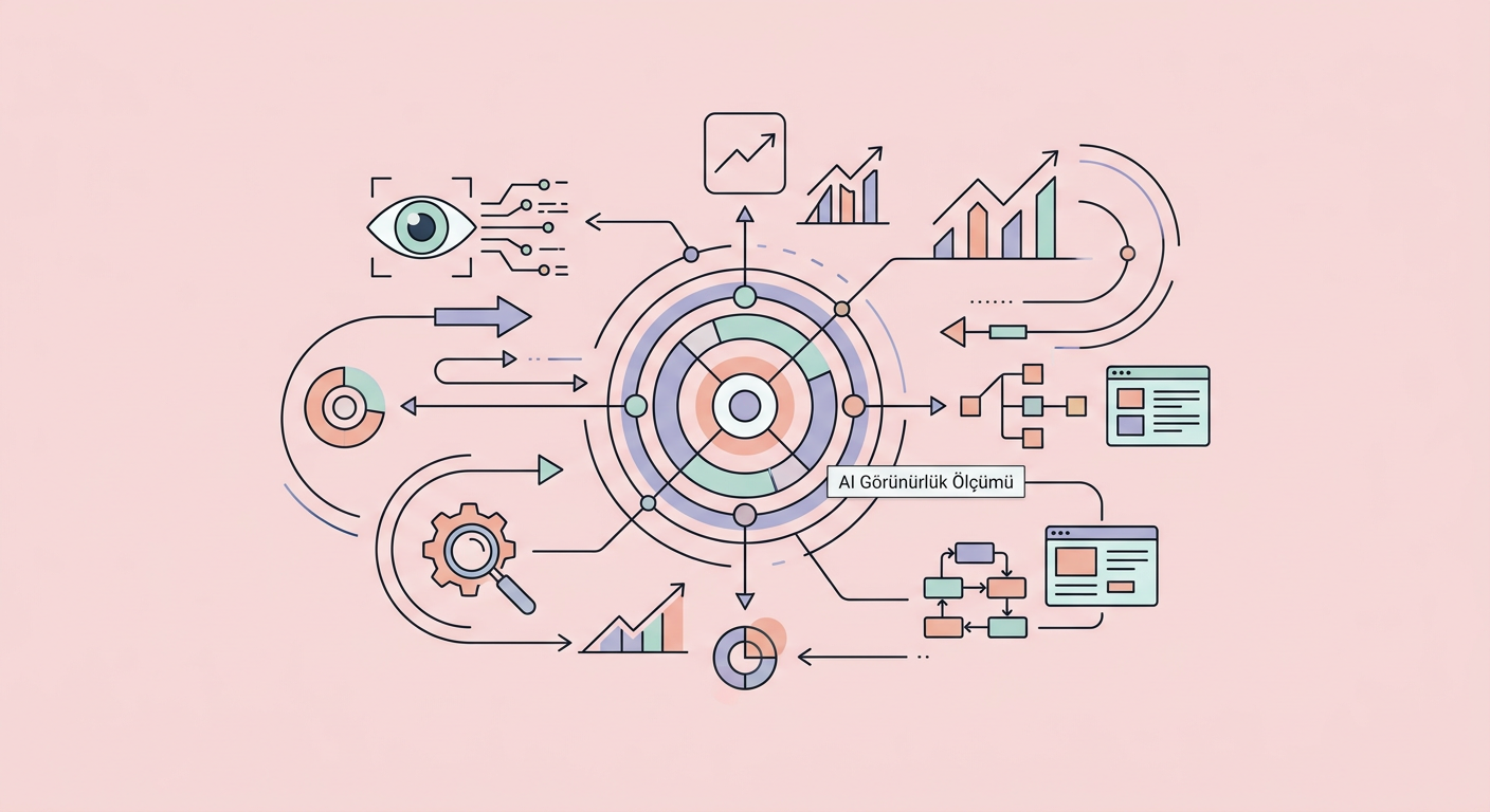 AI Görünürlük Ölçümü infografik: Google AI Mode & AI Overview kapsamında kavramsal diyagram