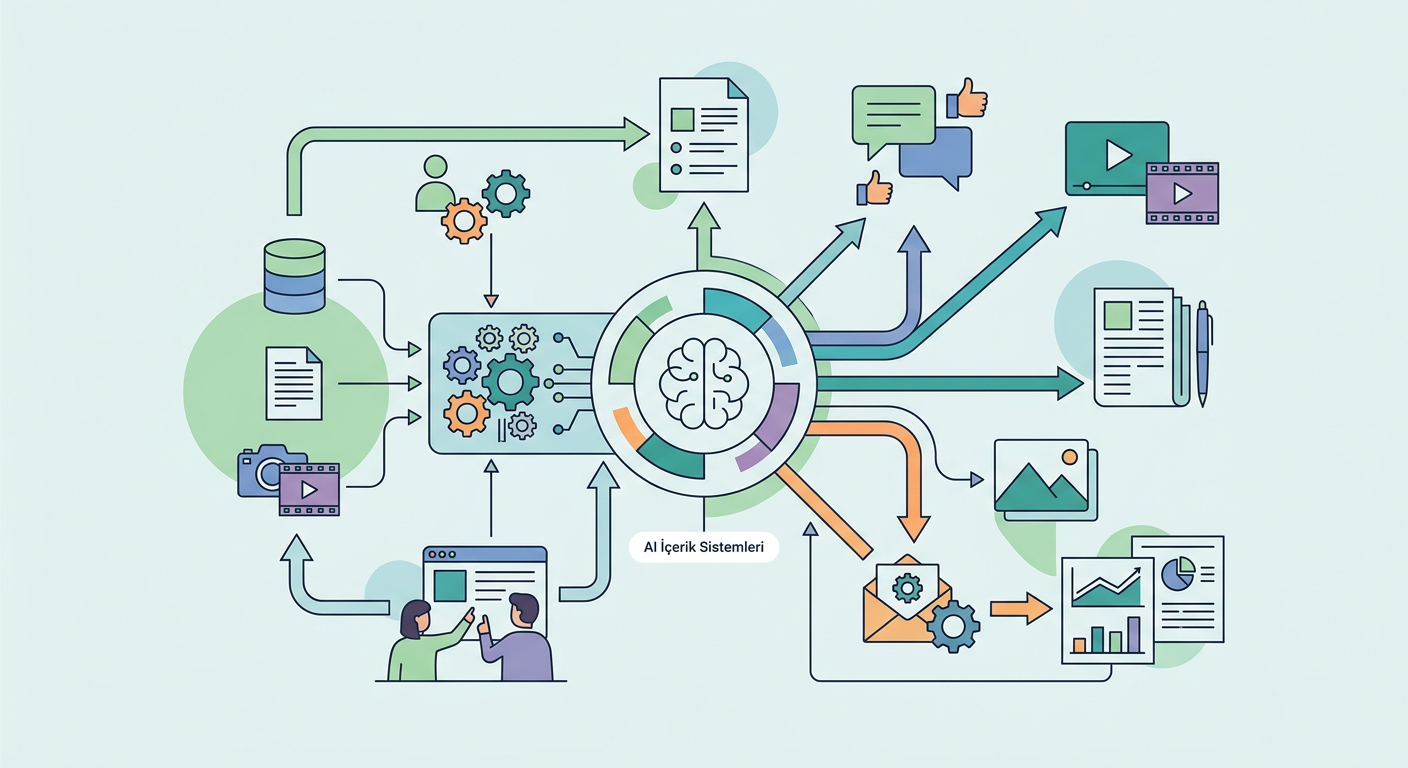 AI İçerik Sistemleri infografik: AI İçerik Üretimi kapsamında kavramsal diyagram