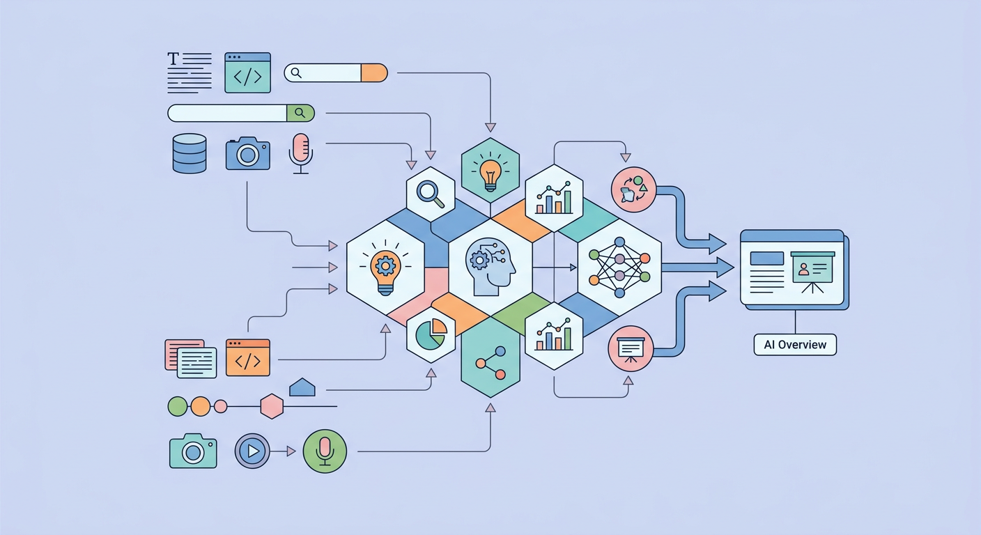 AI Overview infografik: Google AI Mode & AI Overview kapsamında kavramsal diyagram