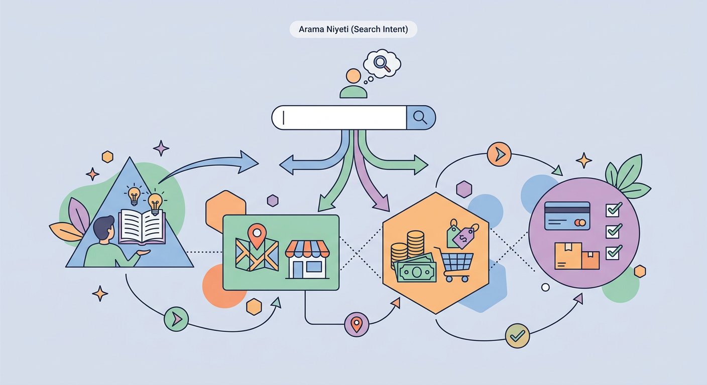 Arama Niyeti (Search Intent) infografik: On-Page SEO kapsamında kavramsal diyagram