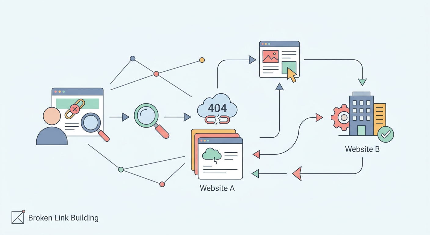 Broken Link Building infografik: Link İnşası kapsamında kavramsal diyagram